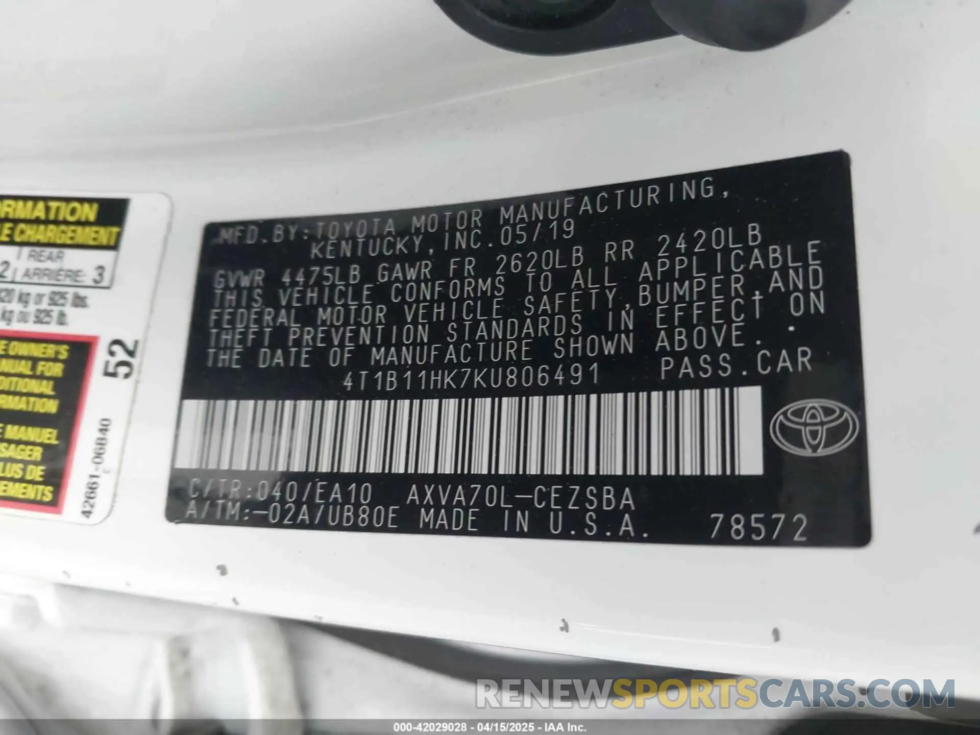 9 Photograph of a damaged car 4T1B11HK7KU806491 TOYOTA CAMRY 2019