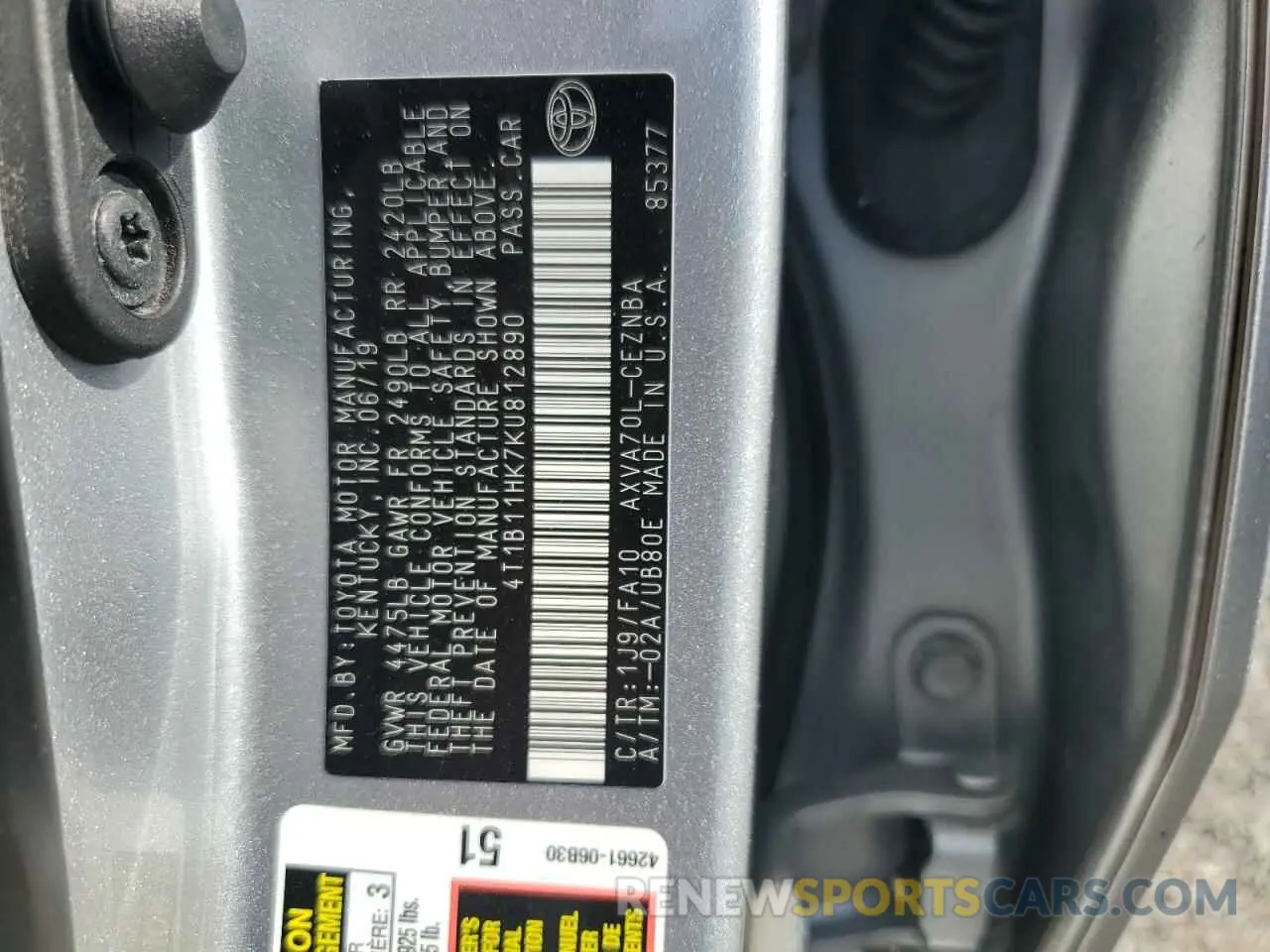 12 Photograph of a damaged car 4T1B11HK7KU812890 TOYOTA CAMRY 2019