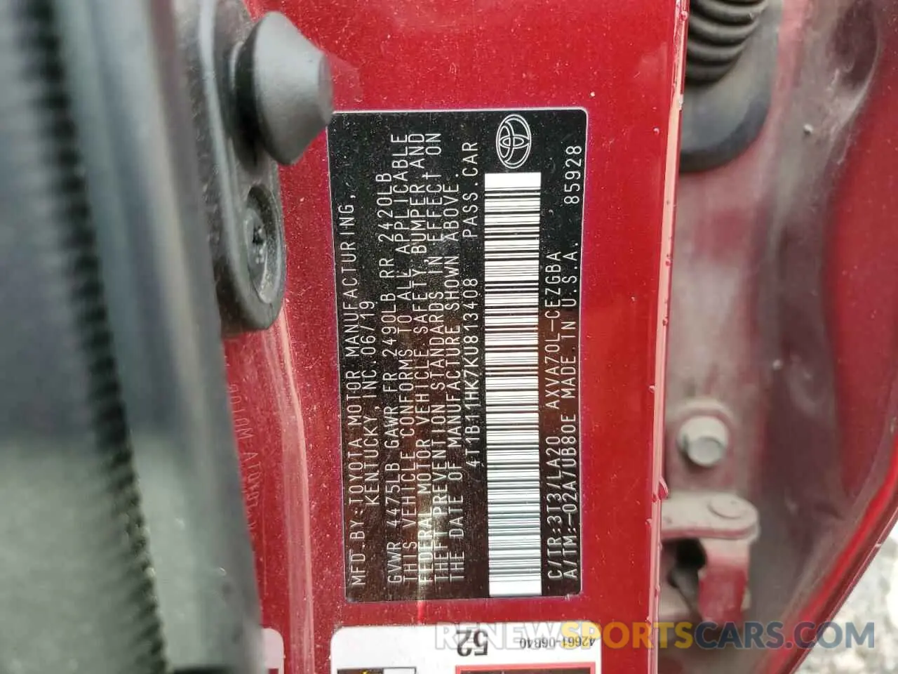 12 Photograph of a damaged car 4T1B11HK7KU813408 TOYOTA CAMRY 2019