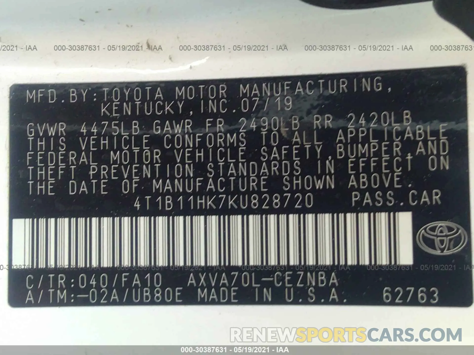 9 Photograph of a damaged car 4T1B11HK7KU828720 TOYOTA CAMRY 2019