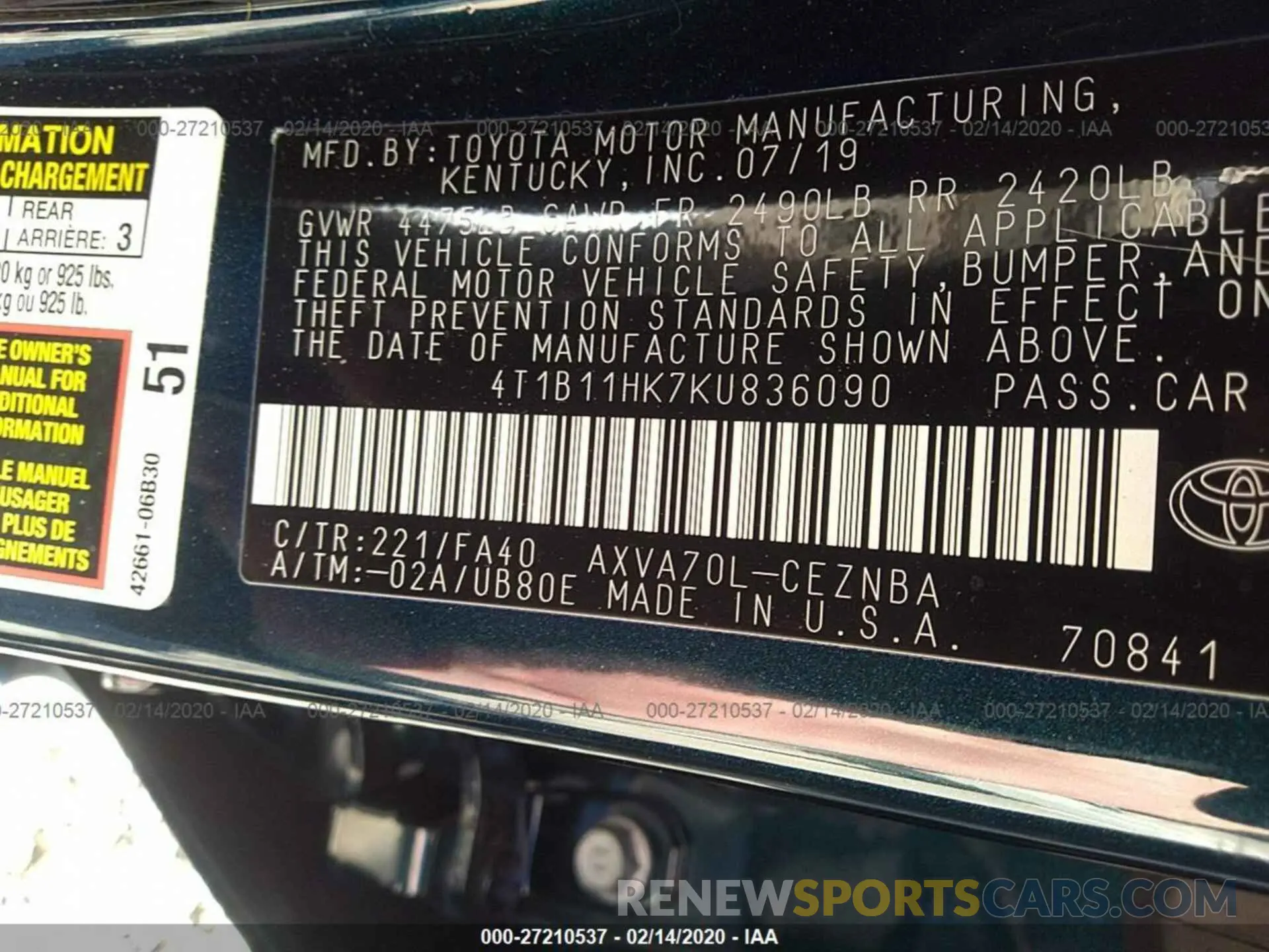 9 Photograph of a damaged car 4T1B11HK7KU836090 TOYOTA CAMRY 2019