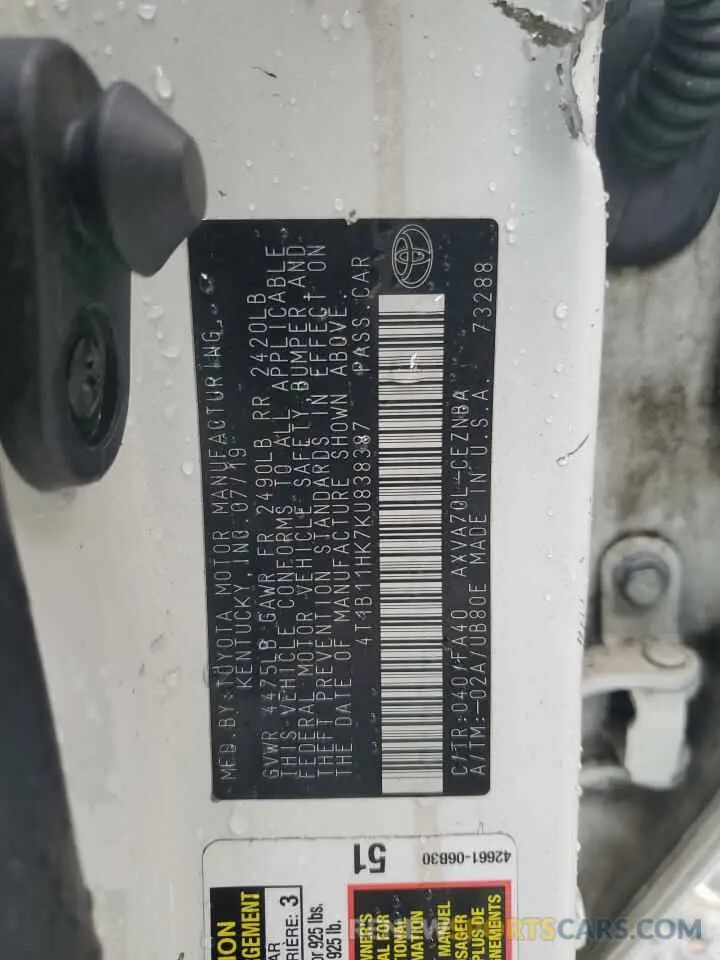 12 Photograph of a damaged car 4T1B11HK7KU838387 TOYOTA CAMRY 2019