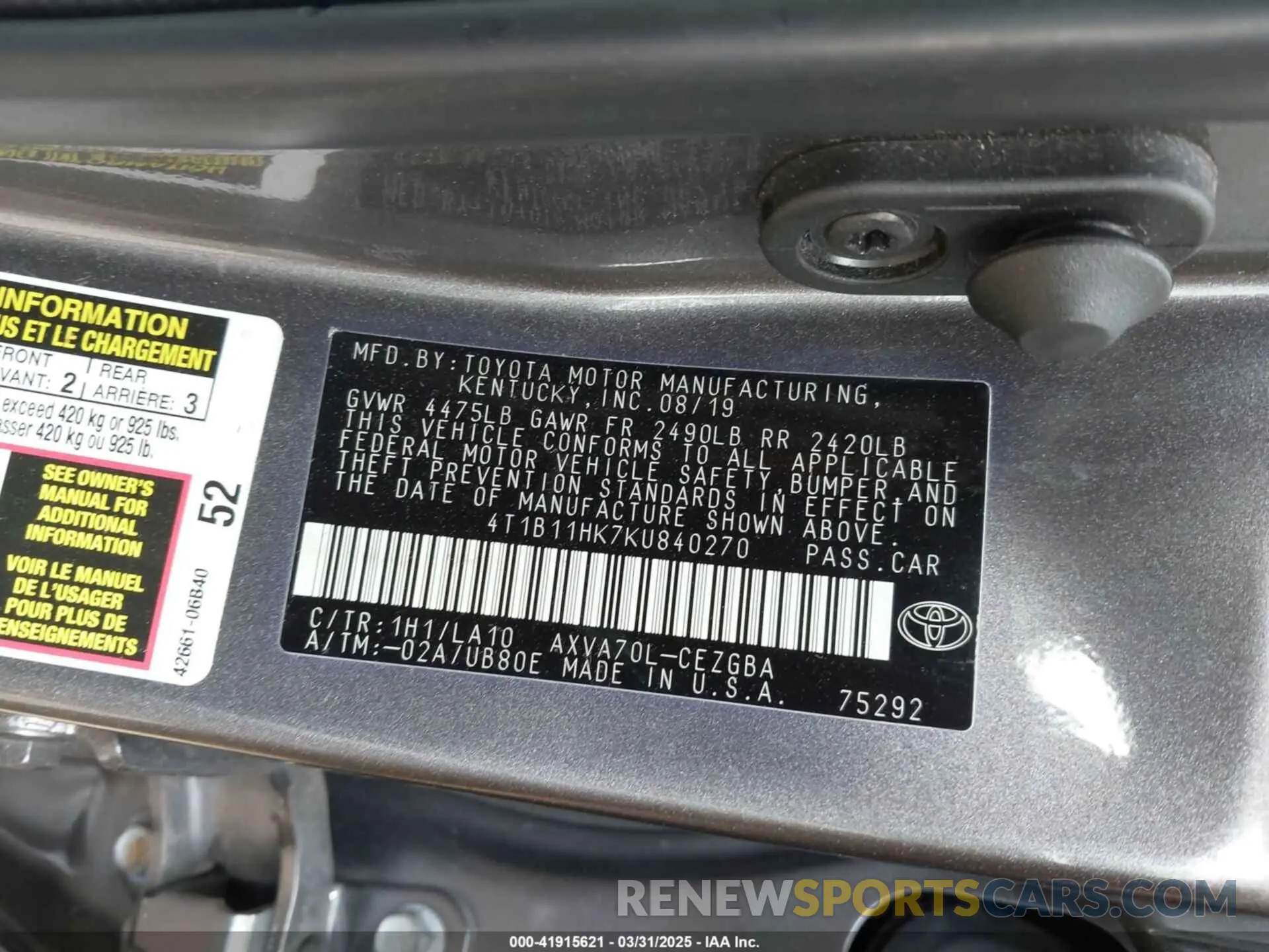 9 Photograph of a damaged car 4T1B11HK7KU840270 TOYOTA CAMRY 2019