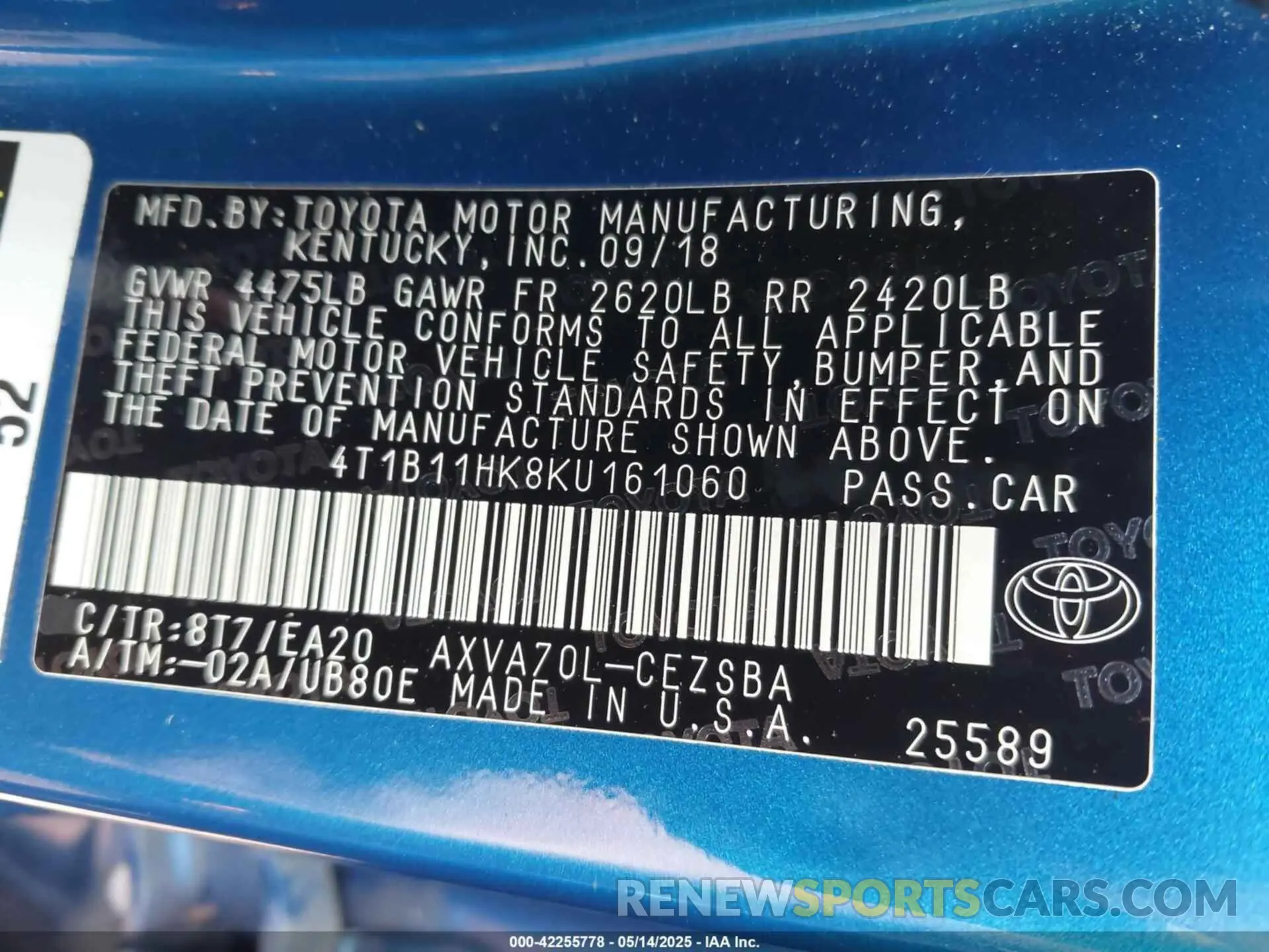 9 Photograph of a damaged car 4T1B11HK8KU161060 TOYOTA CAMRY 2019