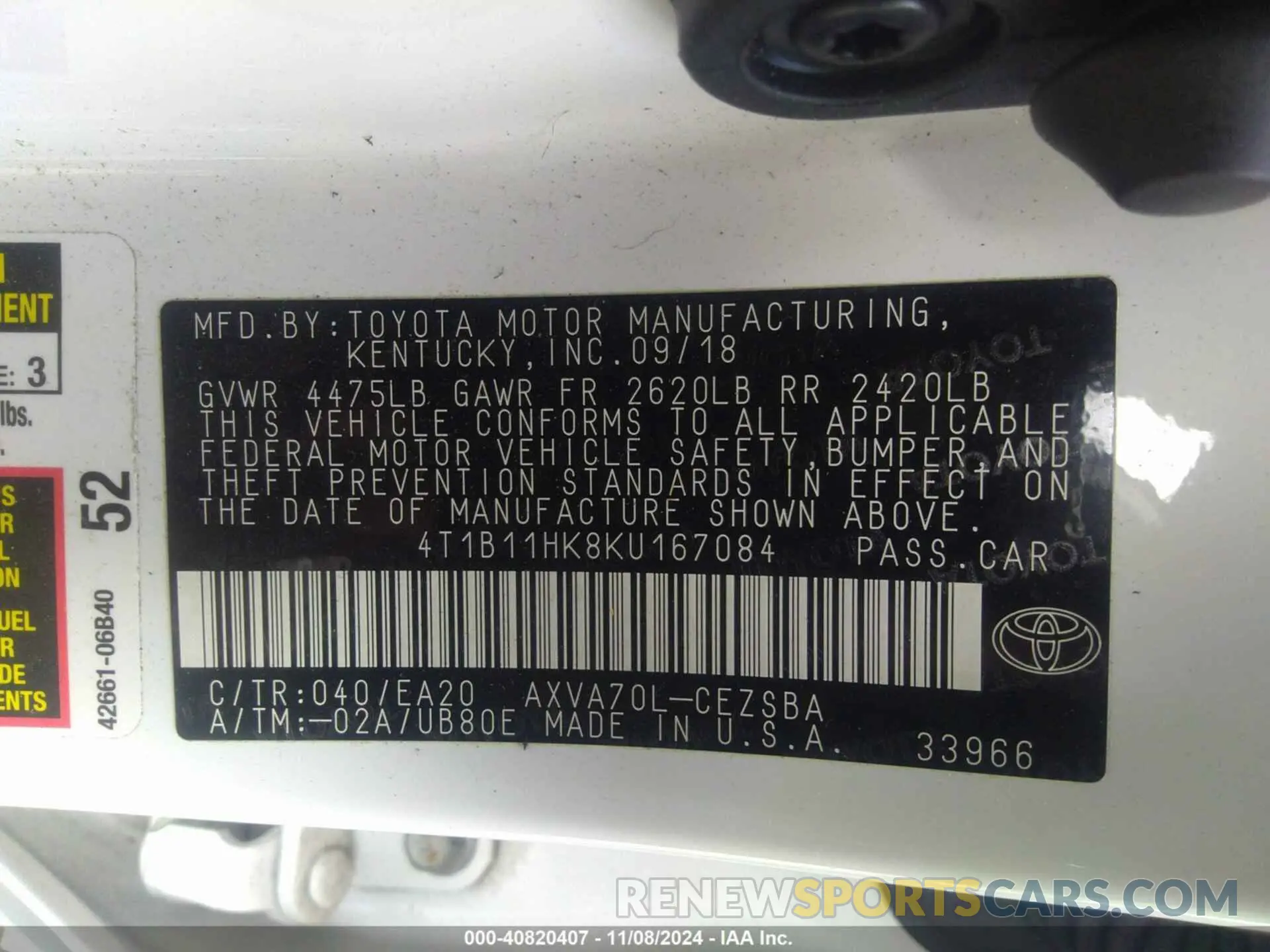 9 Photograph of a damaged car 4T1B11HK8KU167084 TOYOTA CAMRY 2019
