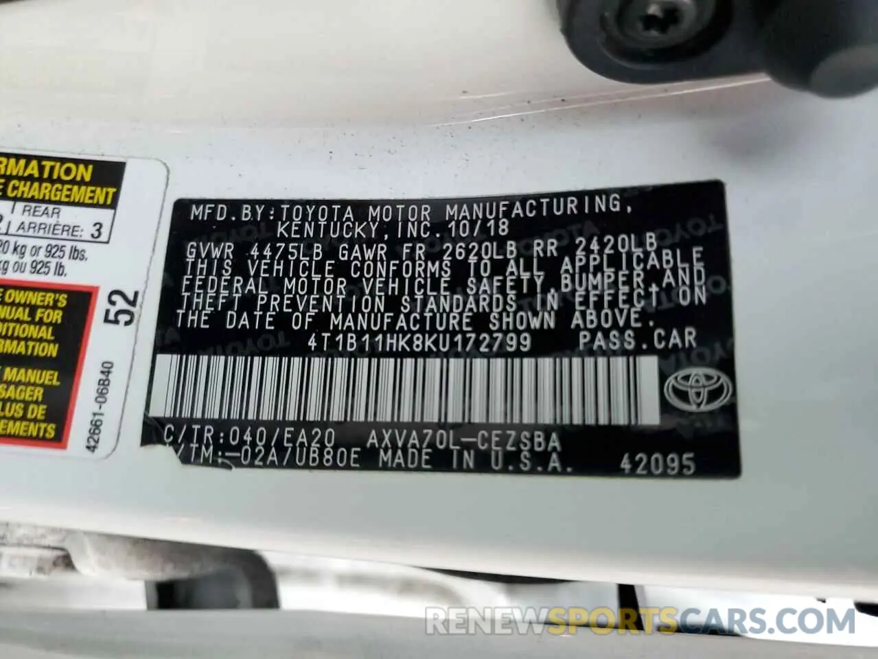 12 Photograph of a damaged car 4T1B11HK8KU172799 TOYOTA CAMRY 2019