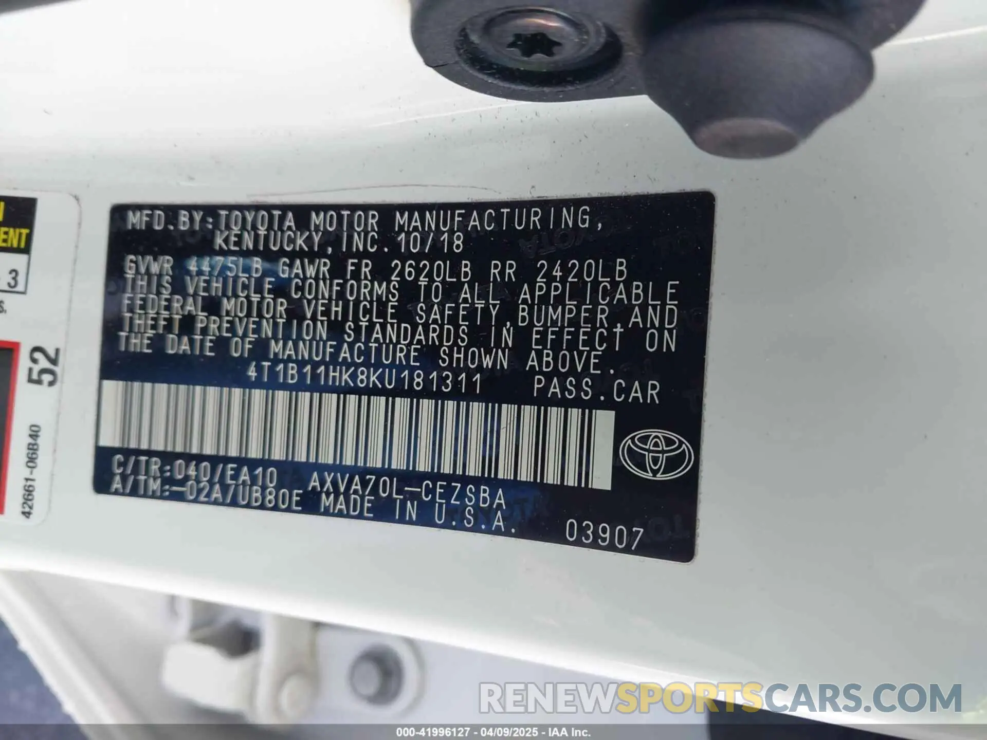 9 Photograph of a damaged car 4T1B11HK8KU181311 TOYOTA CAMRY 2019