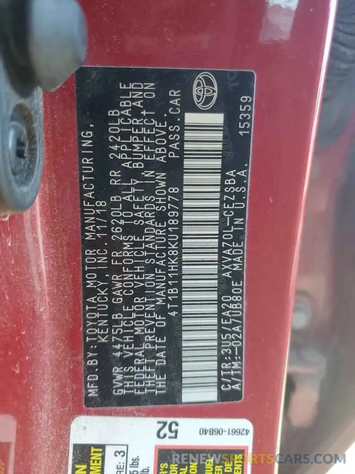12 Photograph of a damaged car 4T1B11HK8KU189778 TOYOTA CAMRY 2019