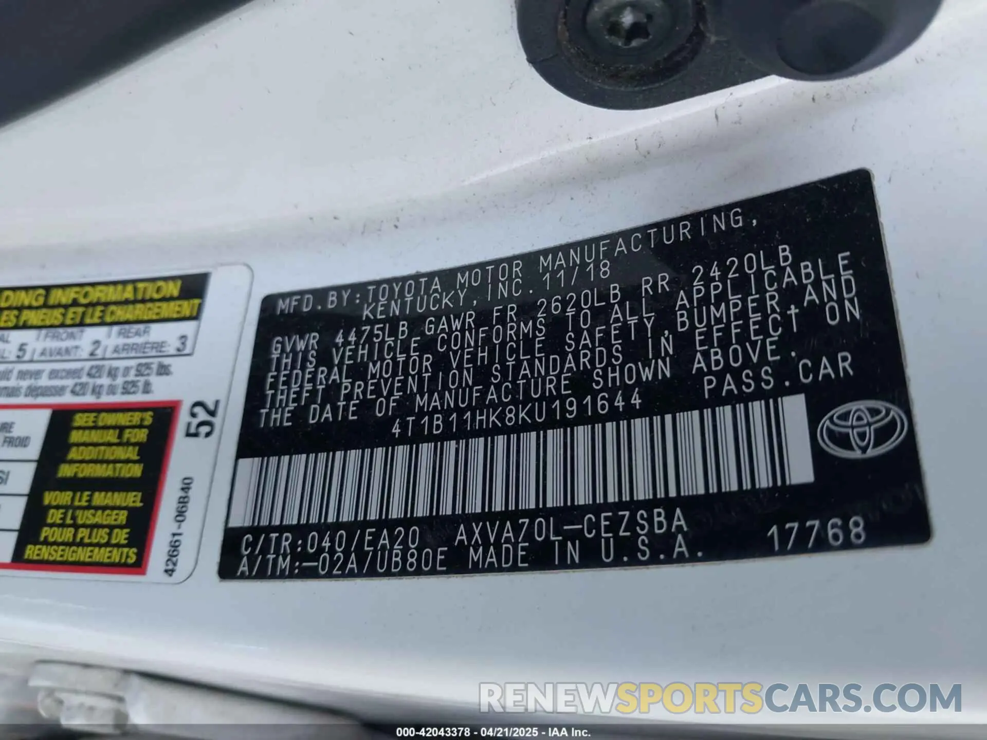 9 Photograph of a damaged car 4T1B11HK8KU191644 TOYOTA CAMRY 2019