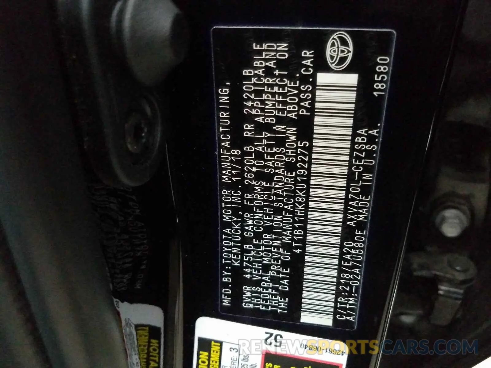 10 Photograph of a damaged car 4T1B11HK8KU192275 TOYOTA CAMRY 2019