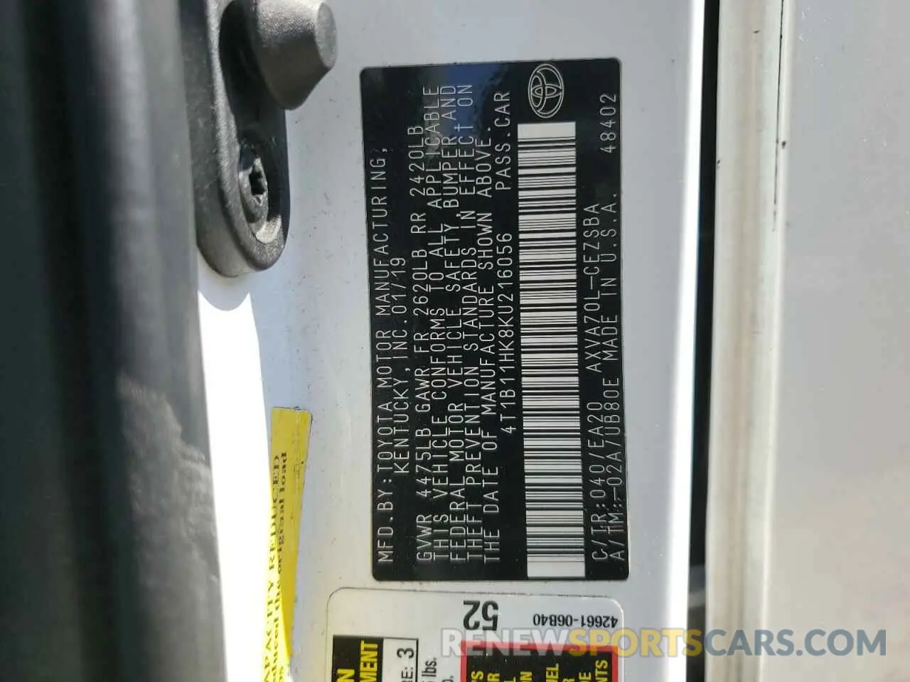 12 Photograph of a damaged car 4T1B11HK8KU216056 TOYOTA CAMRY 2019