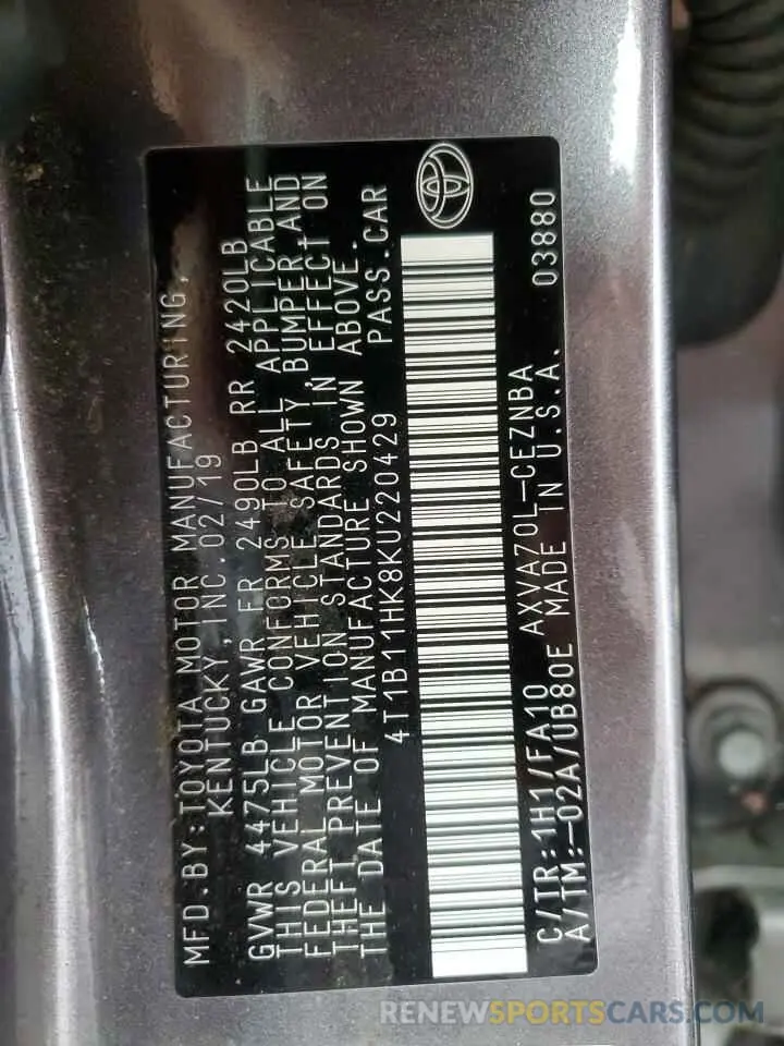 12 Photograph of a damaged car 4T1B11HK8KU220429 TOYOTA CAMRY 2019