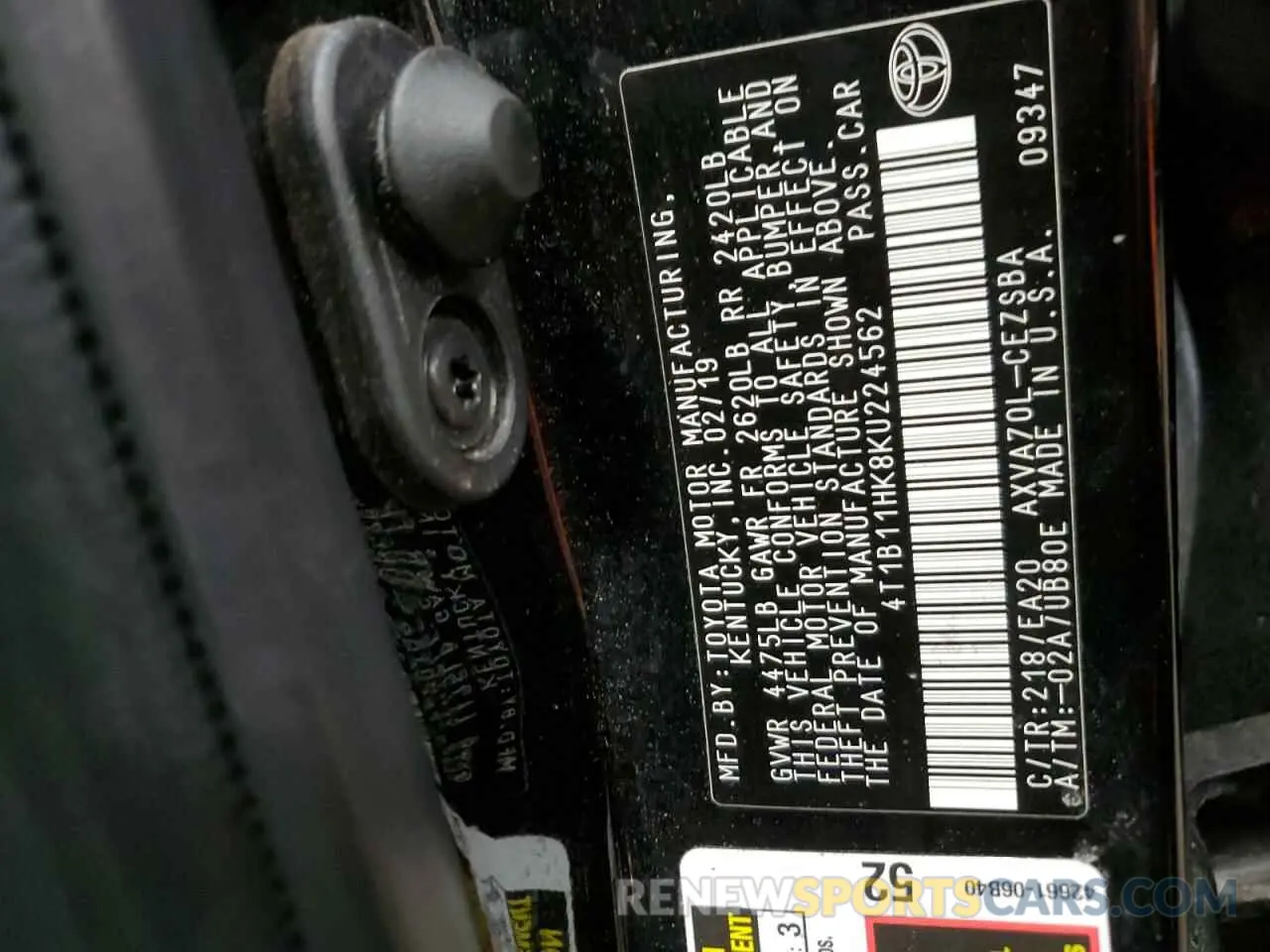 12 Photograph of a damaged car 4T1B11HK8KU224562 TOYOTA CAMRY 2019