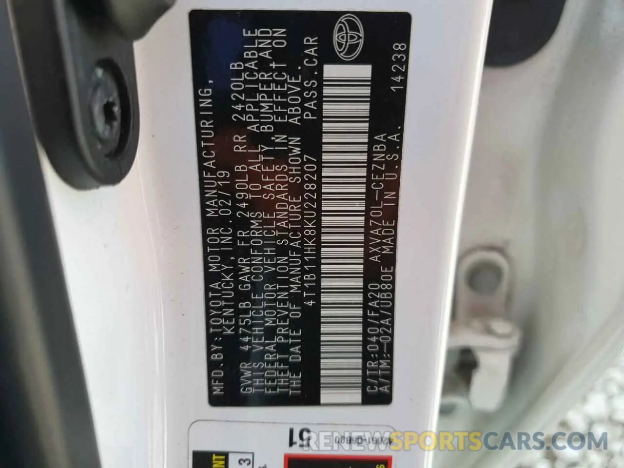 13 Photograph of a damaged car 4T1B11HK8KU228207 TOYOTA CAMRY 2019