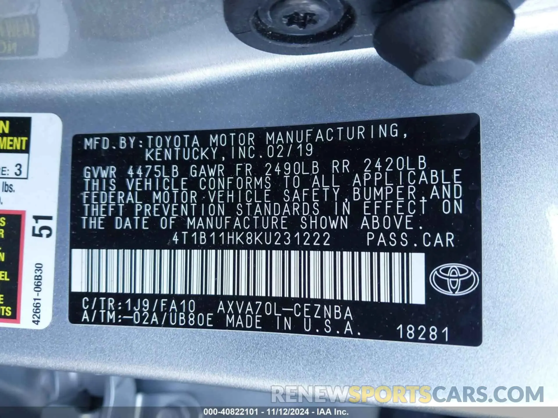 9 Photograph of a damaged car 4T1B11HK8KU231222 TOYOTA CAMRY 2019