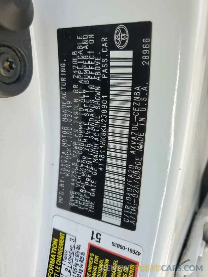 12 Photograph of a damaged car 4T1B11HK8KU238901 TOYOTA CAMRY 2019