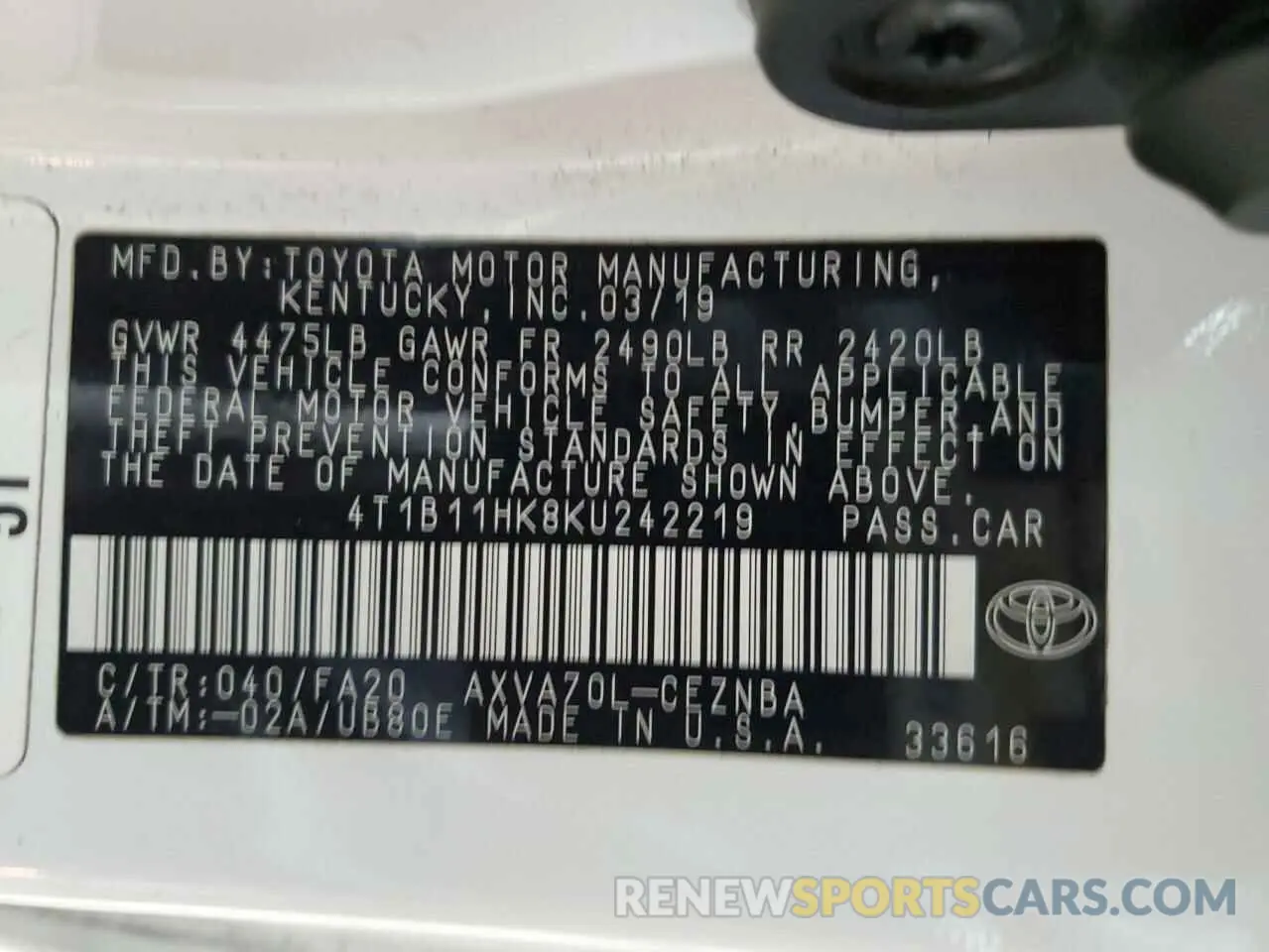 12 Photograph of a damaged car 4T1B11HK8KU242219 TOYOTA CAMRY 2019