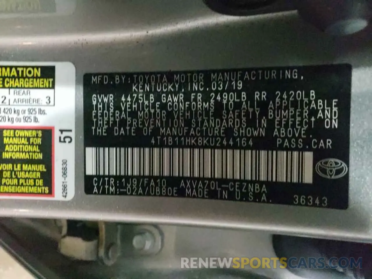 10 Photograph of a damaged car 4T1B11HK8KU244164 TOYOTA CAMRY 2019