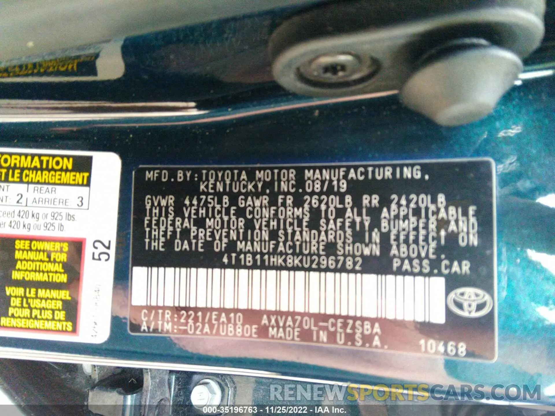 9 Photograph of a damaged car 4T1B11HK8KU296782 TOYOTA CAMRY 2019