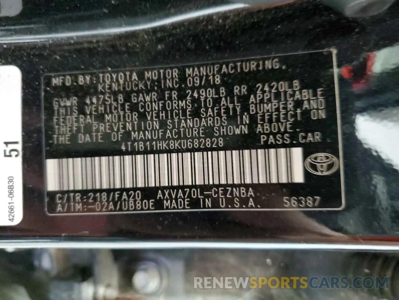 12 Photograph of a damaged car 4T1B11HK8KU682828 TOYOTA CAMRY 2019