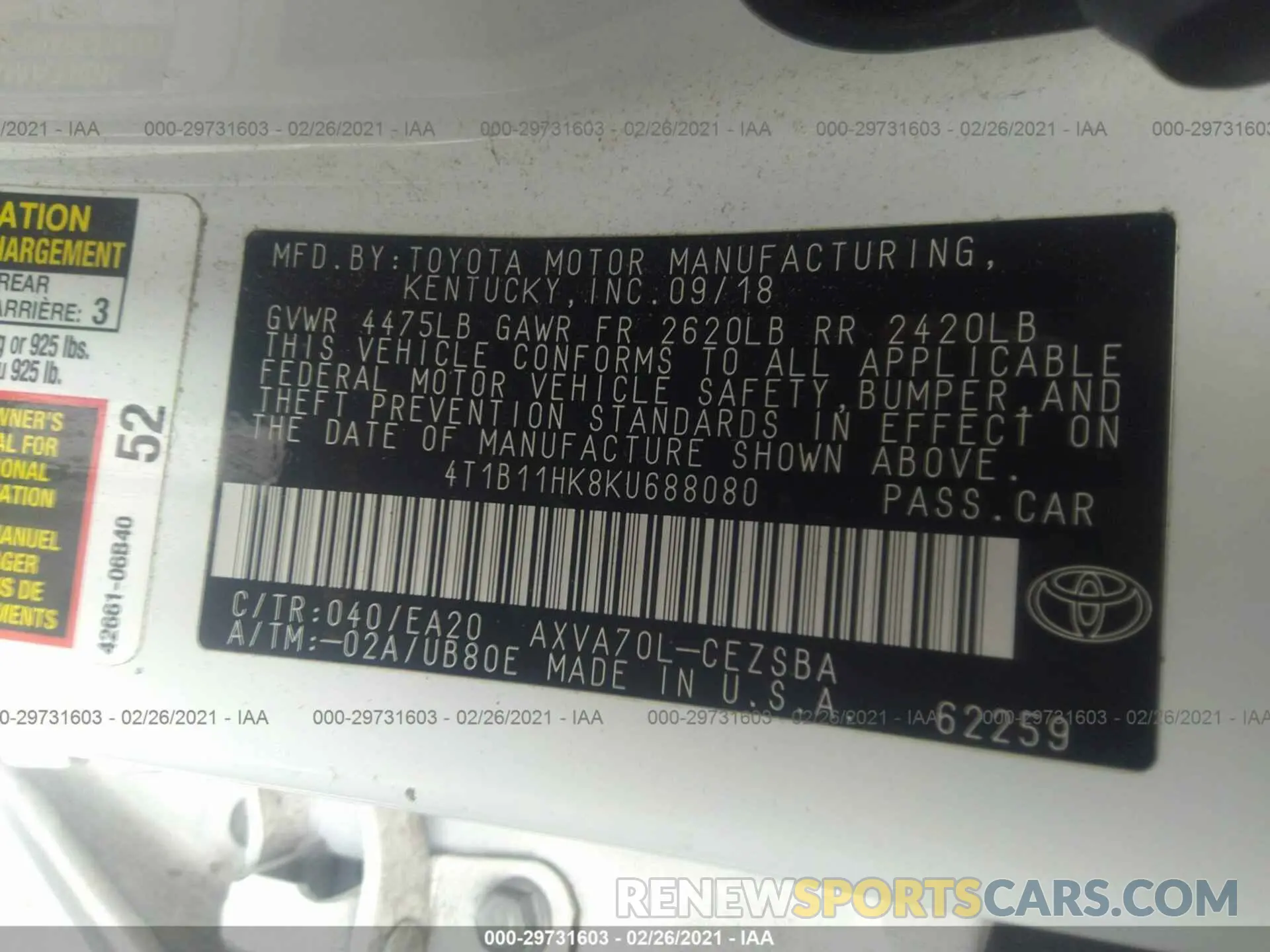 9 Photograph of a damaged car 4T1B11HK8KU688080 TOYOTA CAMRY 2019