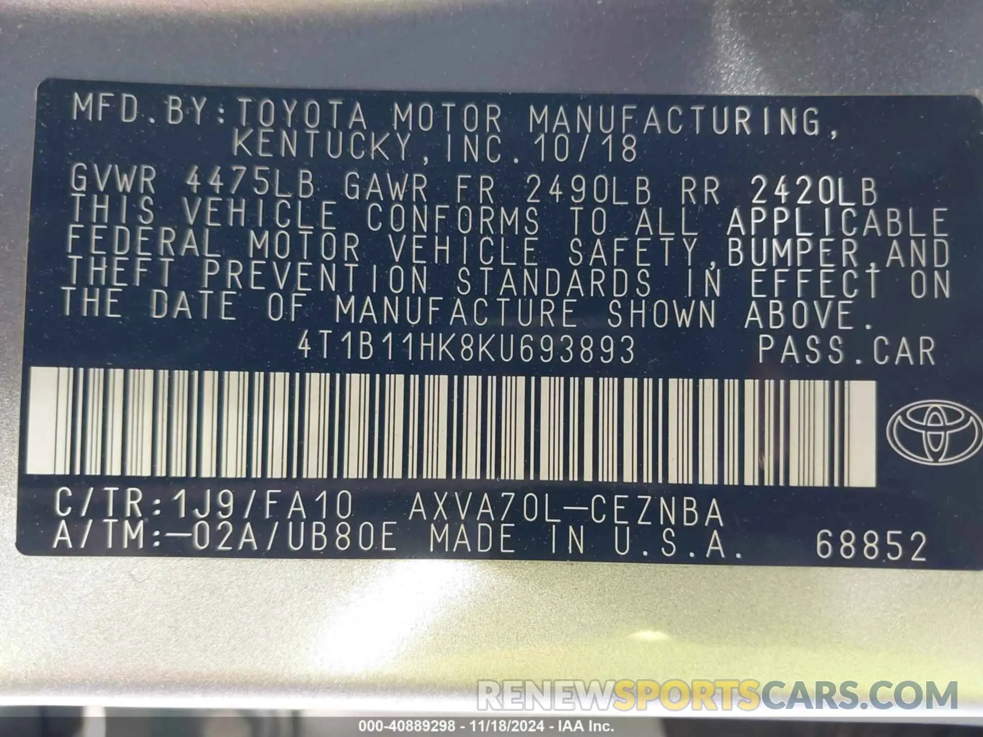 9 Photograph of a damaged car 4T1B11HK8KU693893 TOYOTA CAMRY 2019