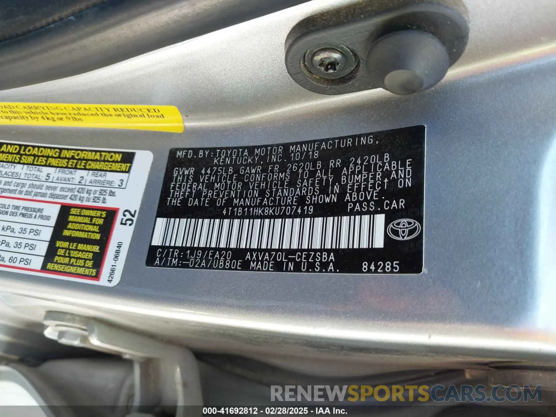 9 Photograph of a damaged car 4T1B11HK8KU707419 TOYOTA CAMRY 2019