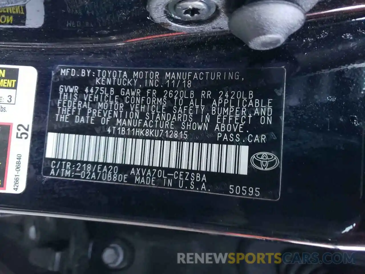 13 Photograph of a damaged car 4T1B11HK8KU712815 TOYOTA CAMRY 2019