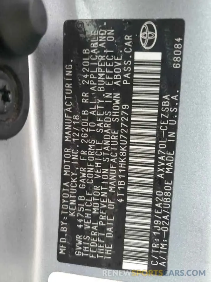 13 Photograph of a damaged car 4T1B11HK8KU727279 TOYOTA CAMRY 2019