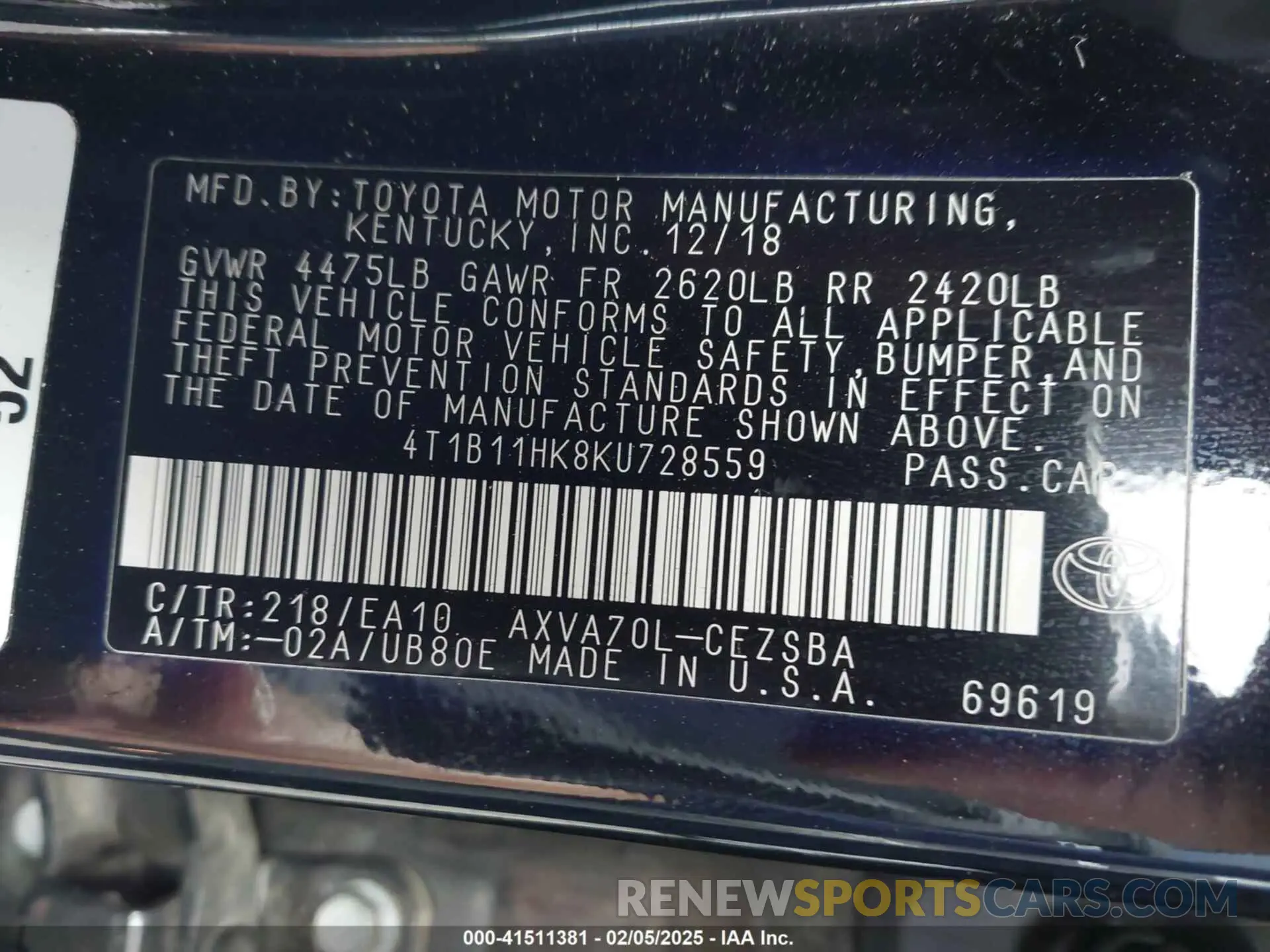 9 Photograph of a damaged car 4T1B11HK8KU728559 TOYOTA CAMRY 2019
