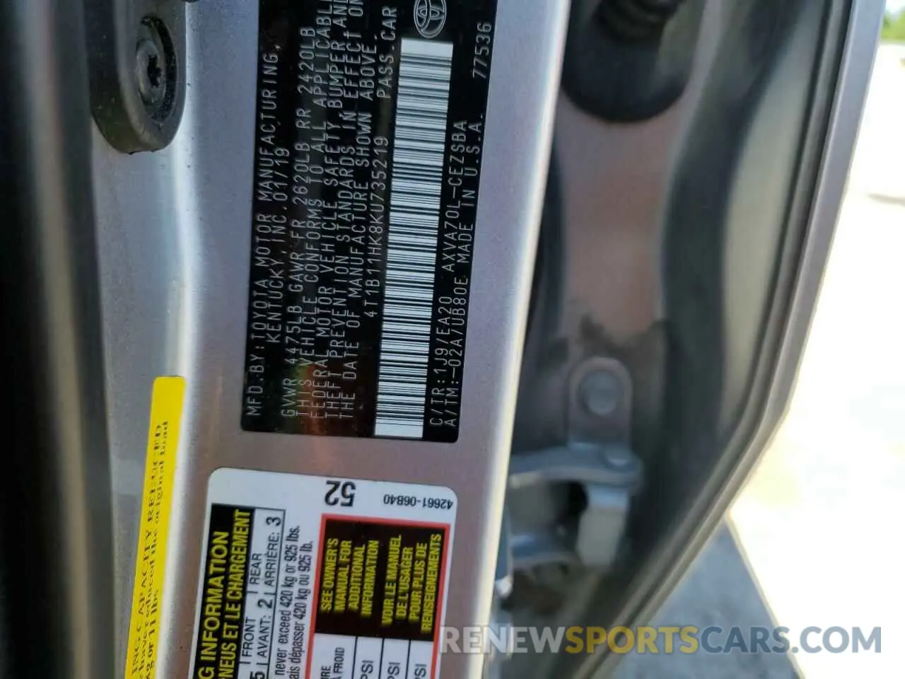 12 Photograph of a damaged car 4T1B11HK8KU735219 TOYOTA CAMRY 2019