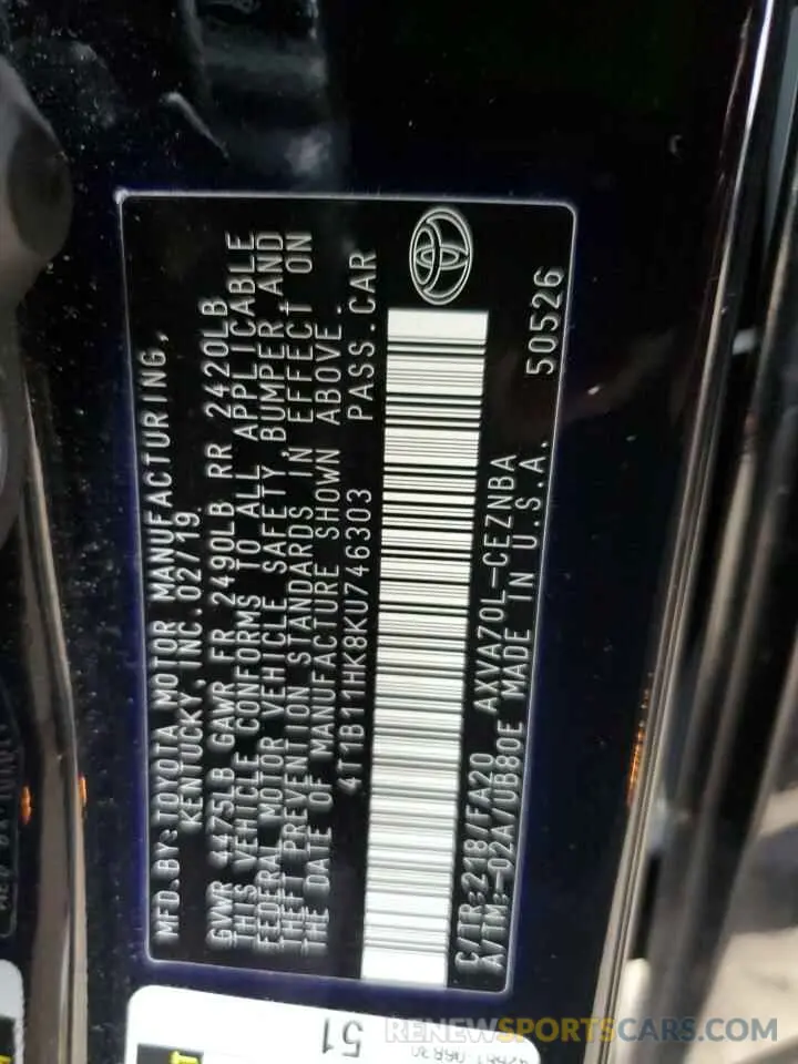 12 Photograph of a damaged car 4T1B11HK8KU746303 TOYOTA CAMRY 2019