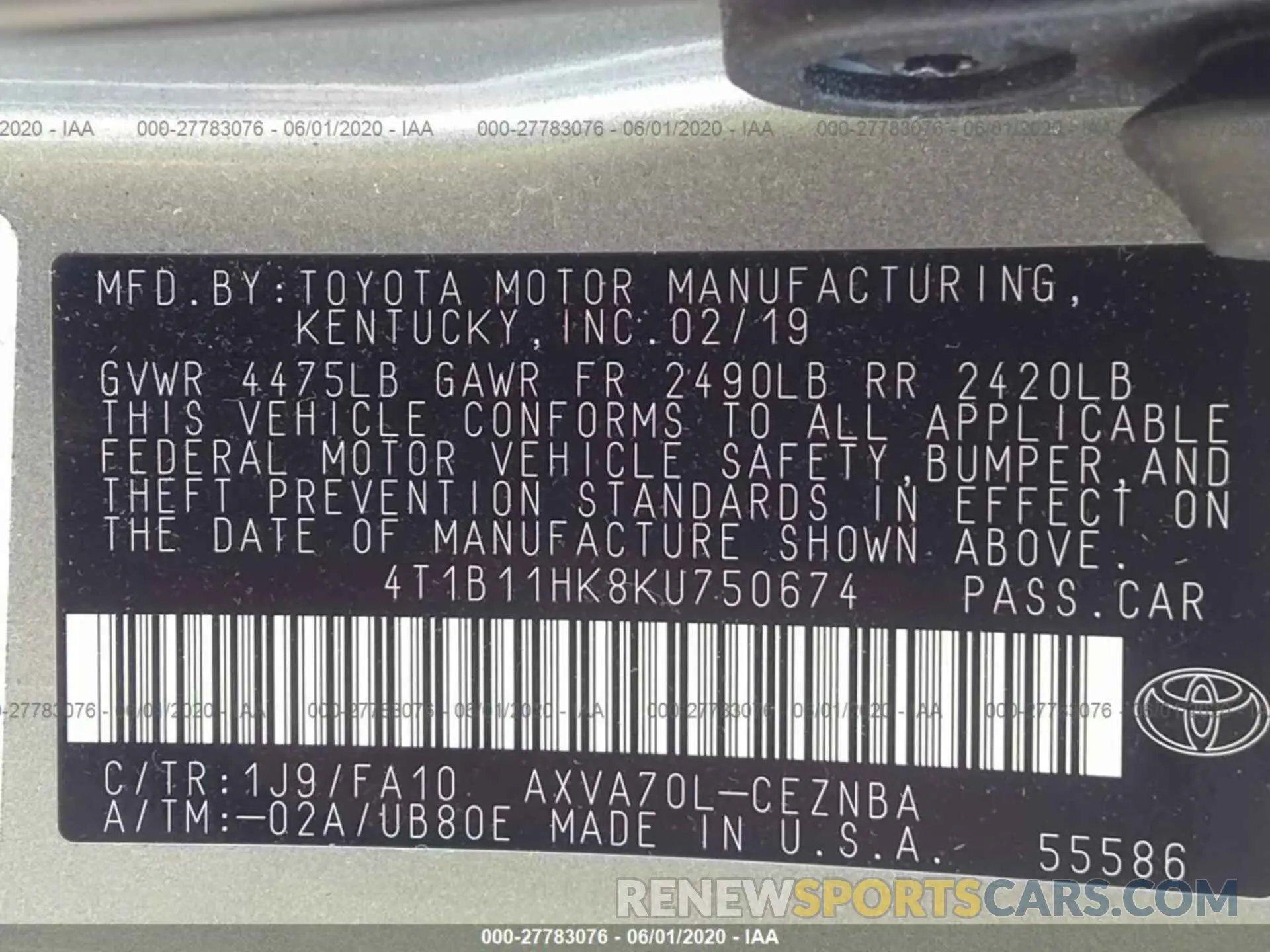 9 Photograph of a damaged car 4T1B11HK8KU750674 TOYOTA CAMRY 2019
