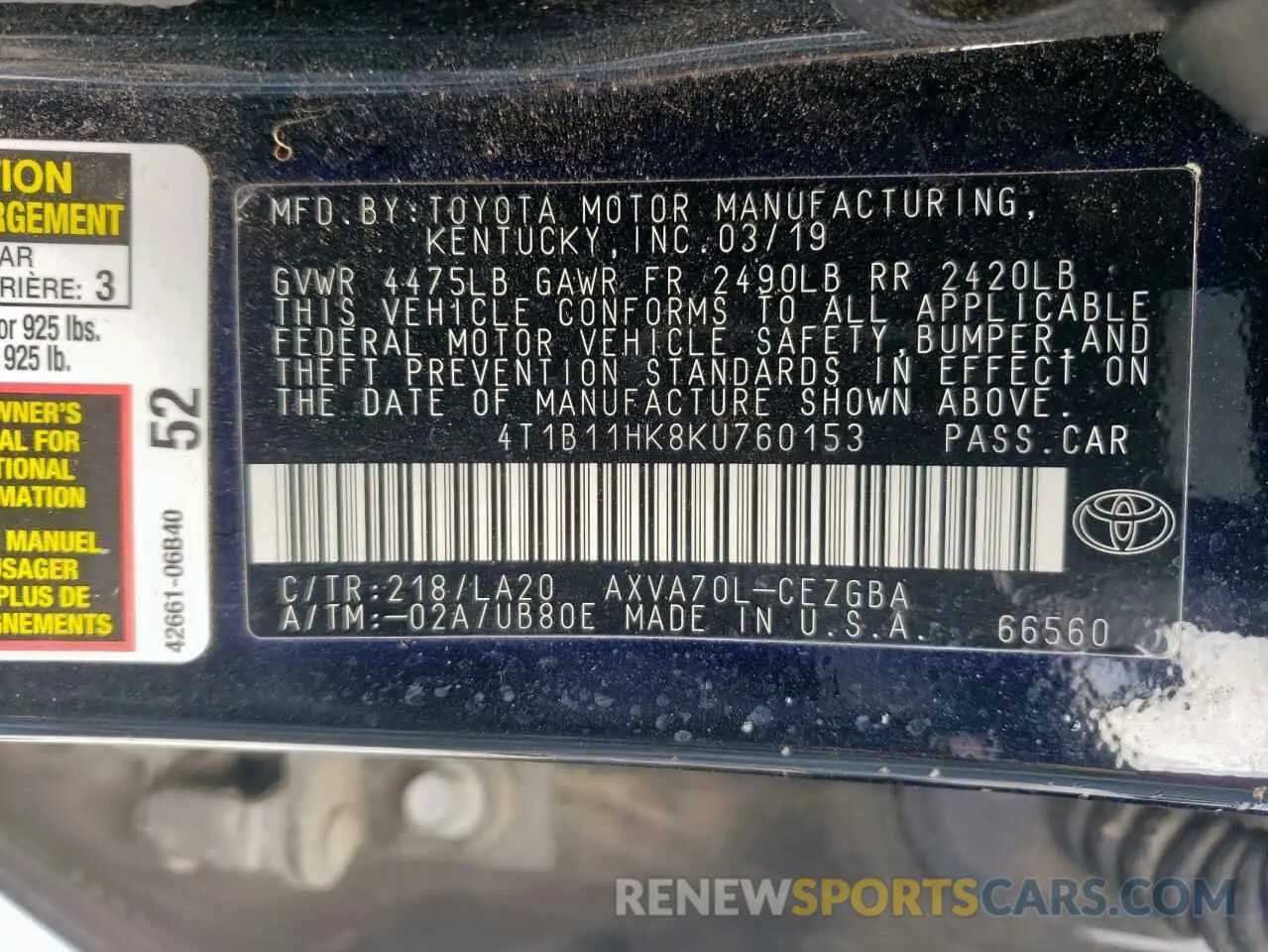 12 Photograph of a damaged car 4T1B11HK8KU760153 TOYOTA CAMRY 2019