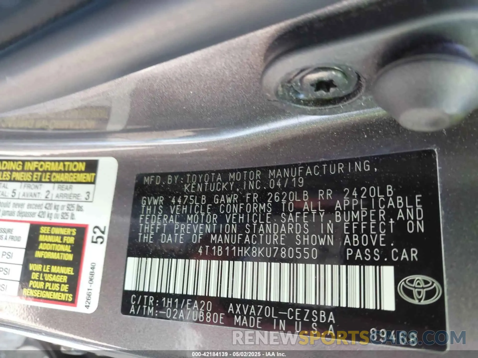 9 Photograph of a damaged car 4T1B11HK8KU780550 TOYOTA CAMRY 2019