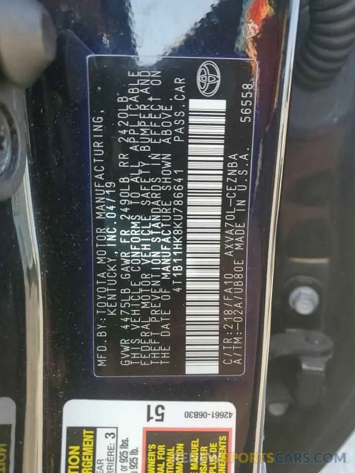 13 Photograph of a damaged car 4T1B11HK8KU786641 TOYOTA CAMRY 2019