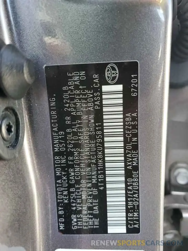 13 Photograph of a damaged car 4T1B11HK8KU795811 TOYOTA CAMRY 2019