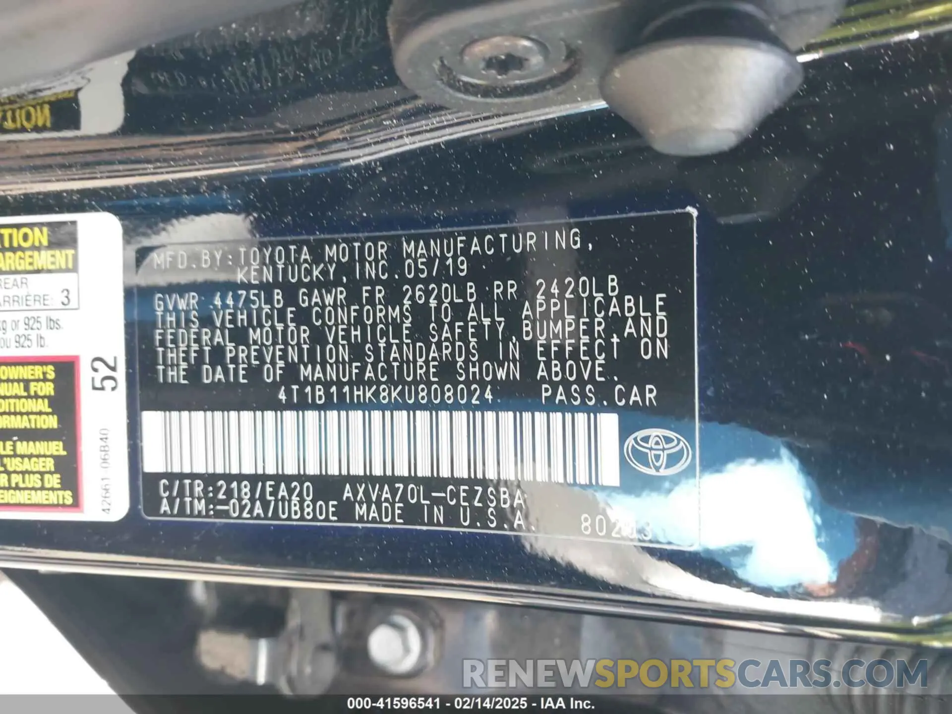 9 Photograph of a damaged car 4T1B11HK8KU808024 TOYOTA CAMRY 2019