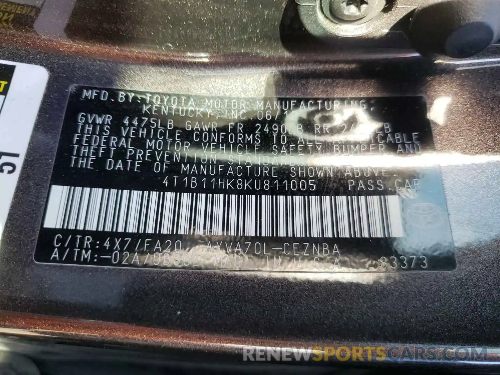 10 Photograph of a damaged car 4T1B11HK8KU811005 TOYOTA CAMRY 2019