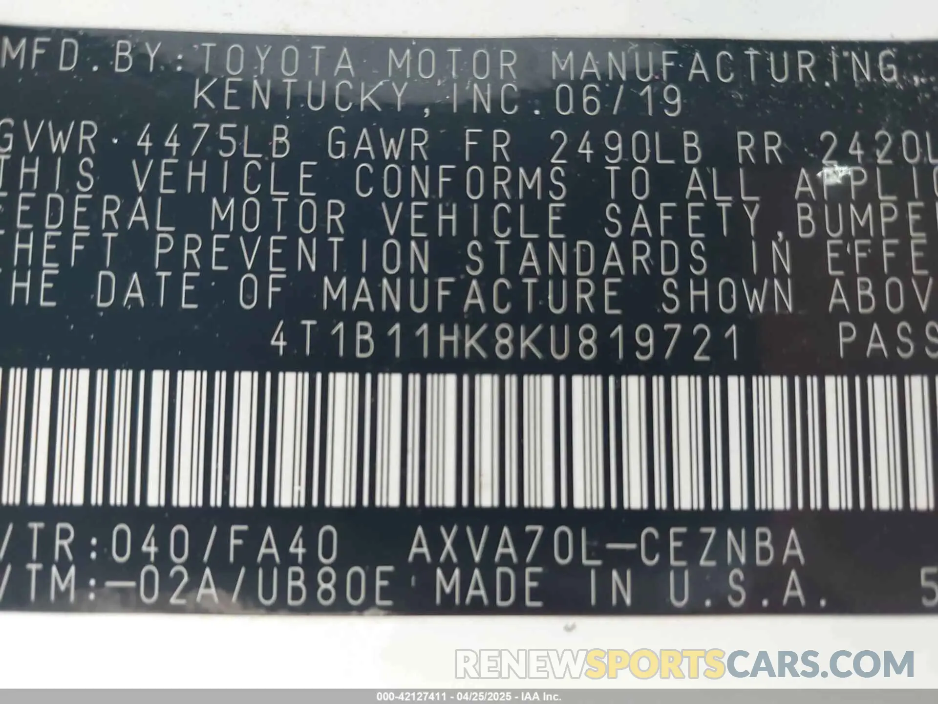 9 Photograph of a damaged car 4T1B11HK8KU819721 TOYOTA CAMRY 2019