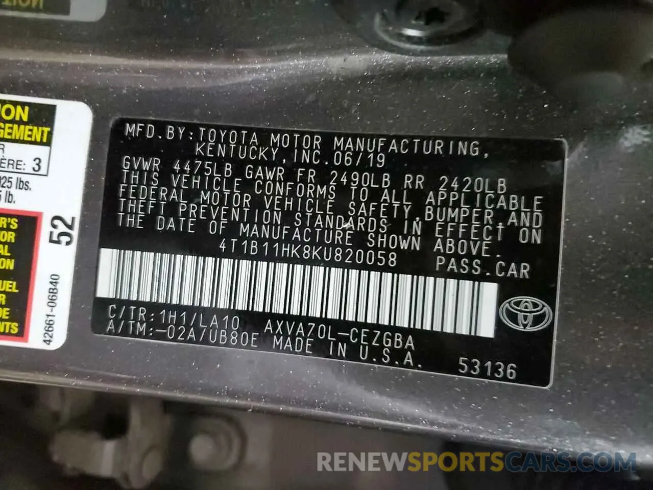 14 Photograph of a damaged car 4T1B11HK8KU820058 TOYOTA CAMRY 2019