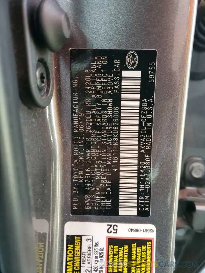 12 Photograph of a damaged car 4T1B11HK8KU826006 TOYOTA CAMRY 2019