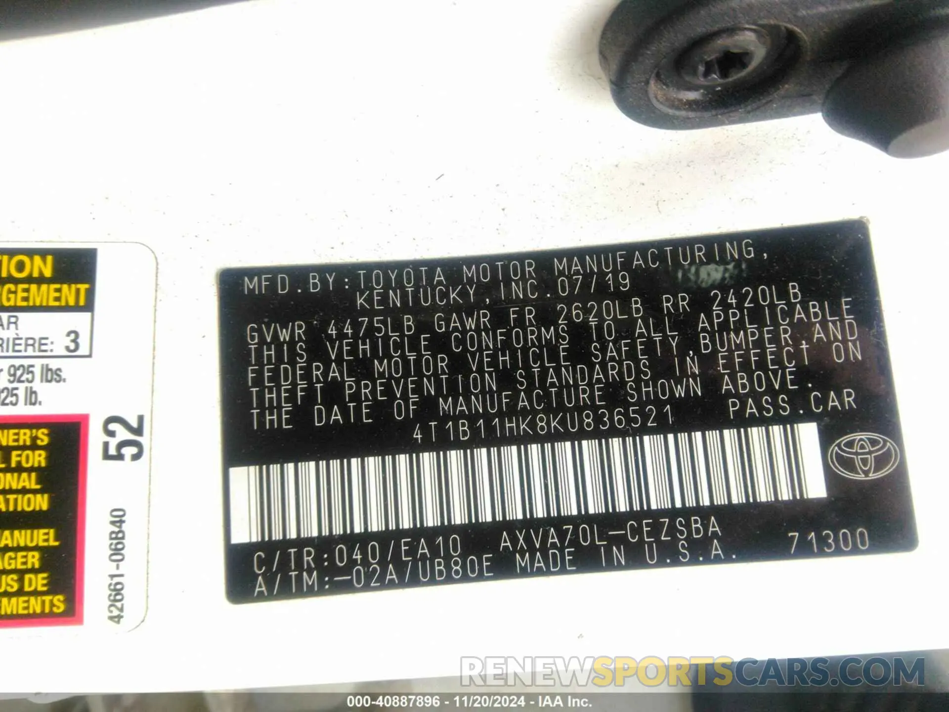 9 Photograph of a damaged car 4T1B11HK8KU836521 TOYOTA CAMRY 2019