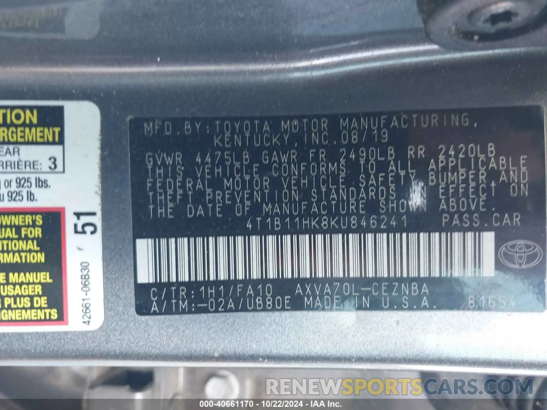 9 Photograph of a damaged car 4T1B11HK8KU846241 TOYOTA CAMRY 2019