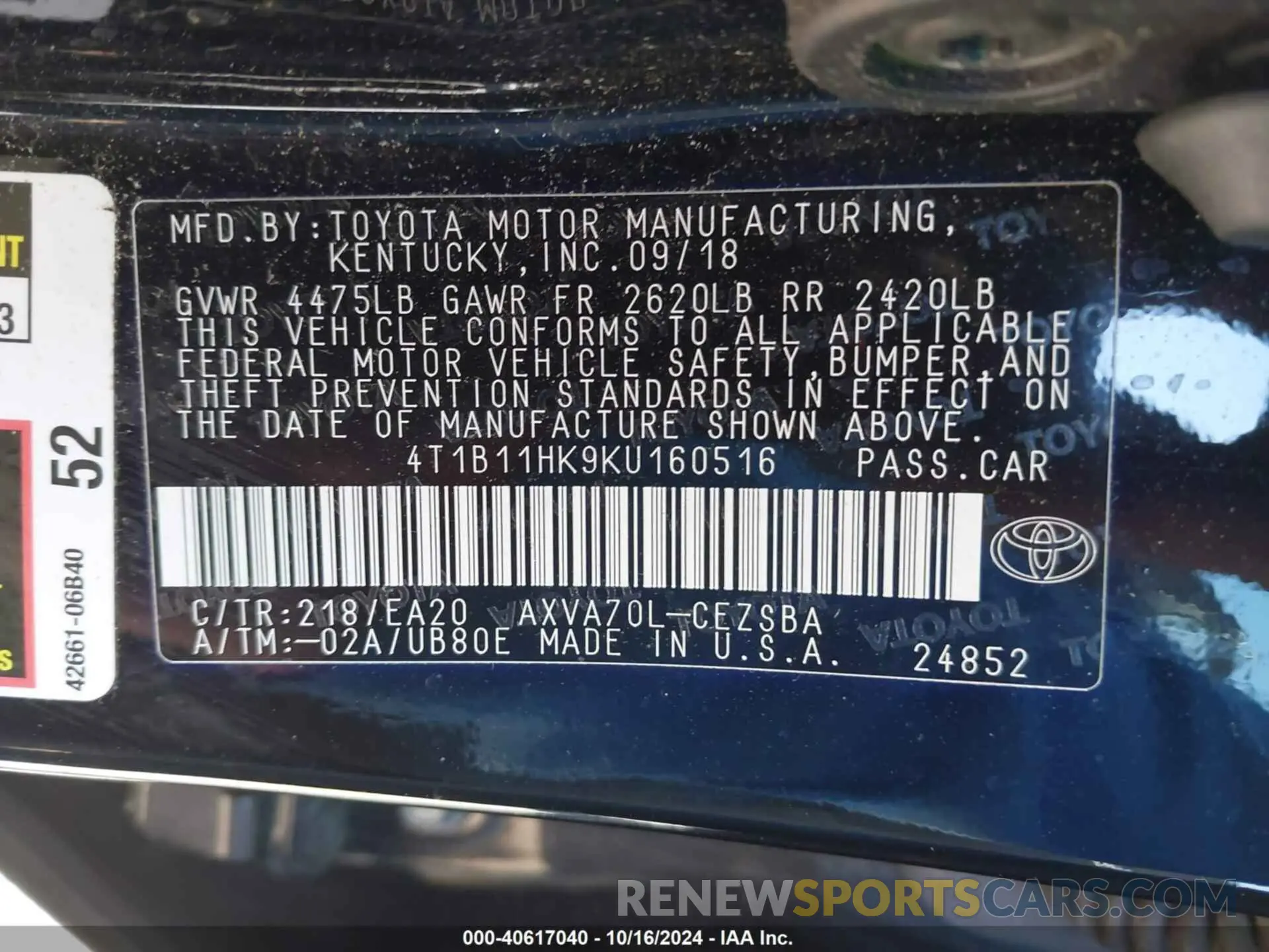 9 Photograph of a damaged car 4T1B11HK9KU160516 TOYOTA CAMRY 2019