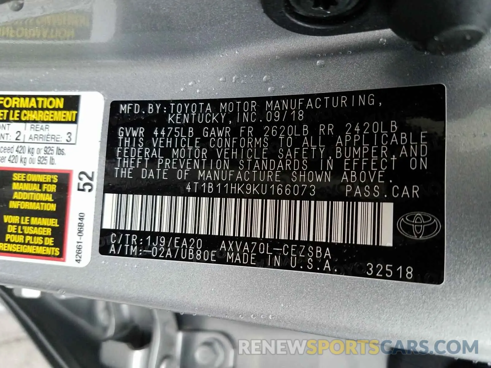 10 Photograph of a damaged car 4T1B11HK9KU166073 TOYOTA CAMRY 2019