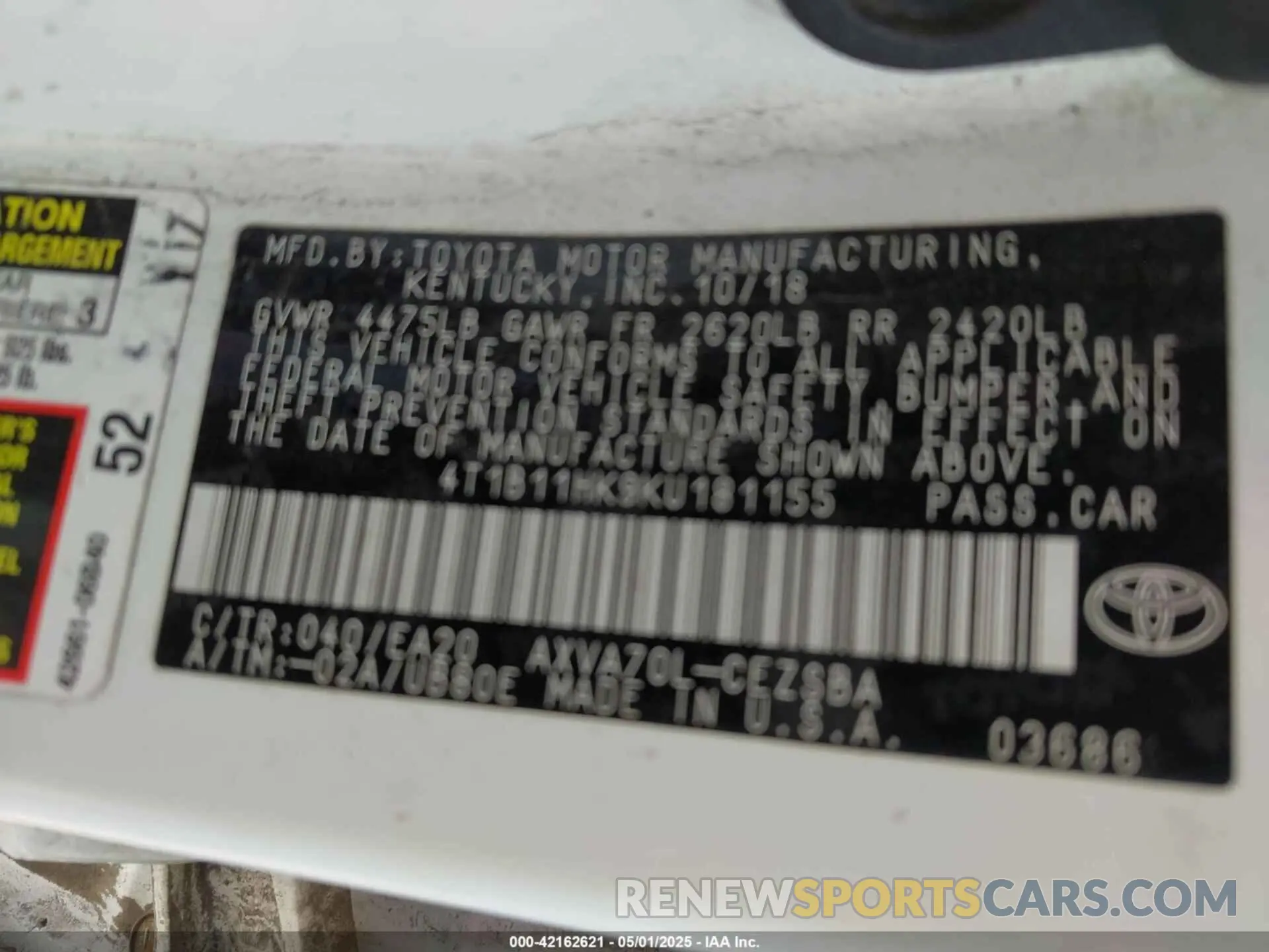9 Photograph of a damaged car 4T1B11HK9KU181155 TOYOTA CAMRY 2019