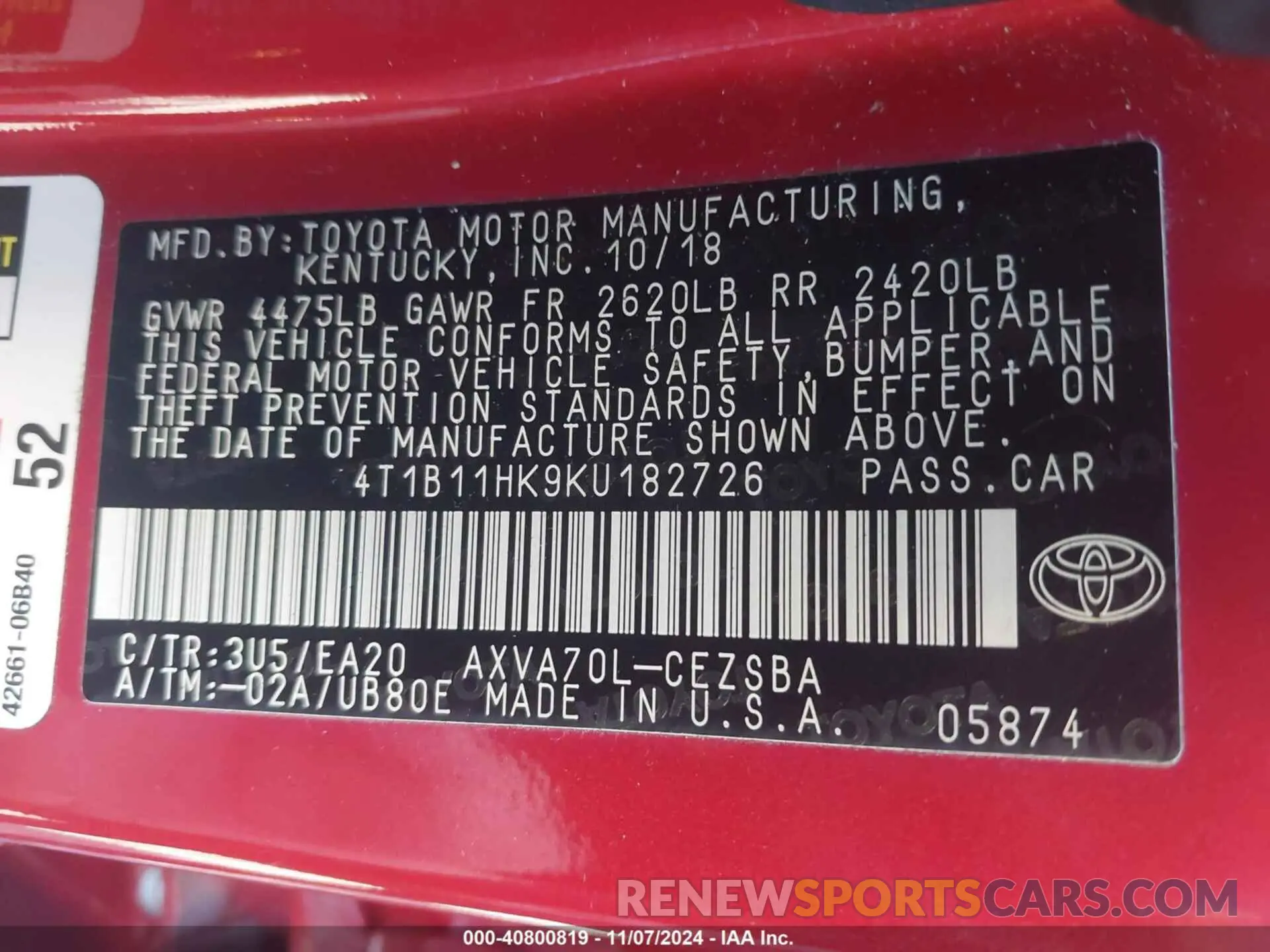 9 Photograph of a damaged car 4T1B11HK9KU182726 TOYOTA CAMRY 2019