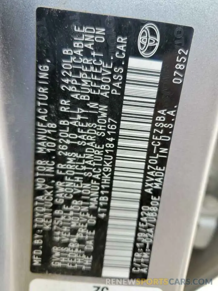 12 Photograph of a damaged car 4T1B11HK9KU184167 TOYOTA CAMRY 2019