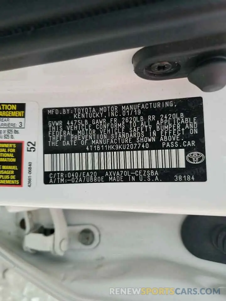 12 Photograph of a damaged car 4T1B11HK9KU207740 TOYOTA CAMRY 2019